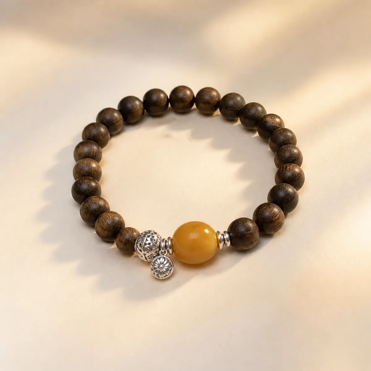 Amber bracelet with agarwood and silver, filmed before sale