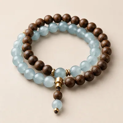 Agarwood & Blue-Water Jadeite Double-Wrap Bracelet