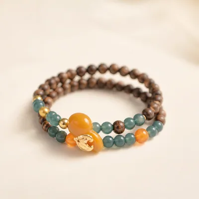 Agarwood, Celadon Jade & Beeswax Amber Multi-Wrap Bracelet