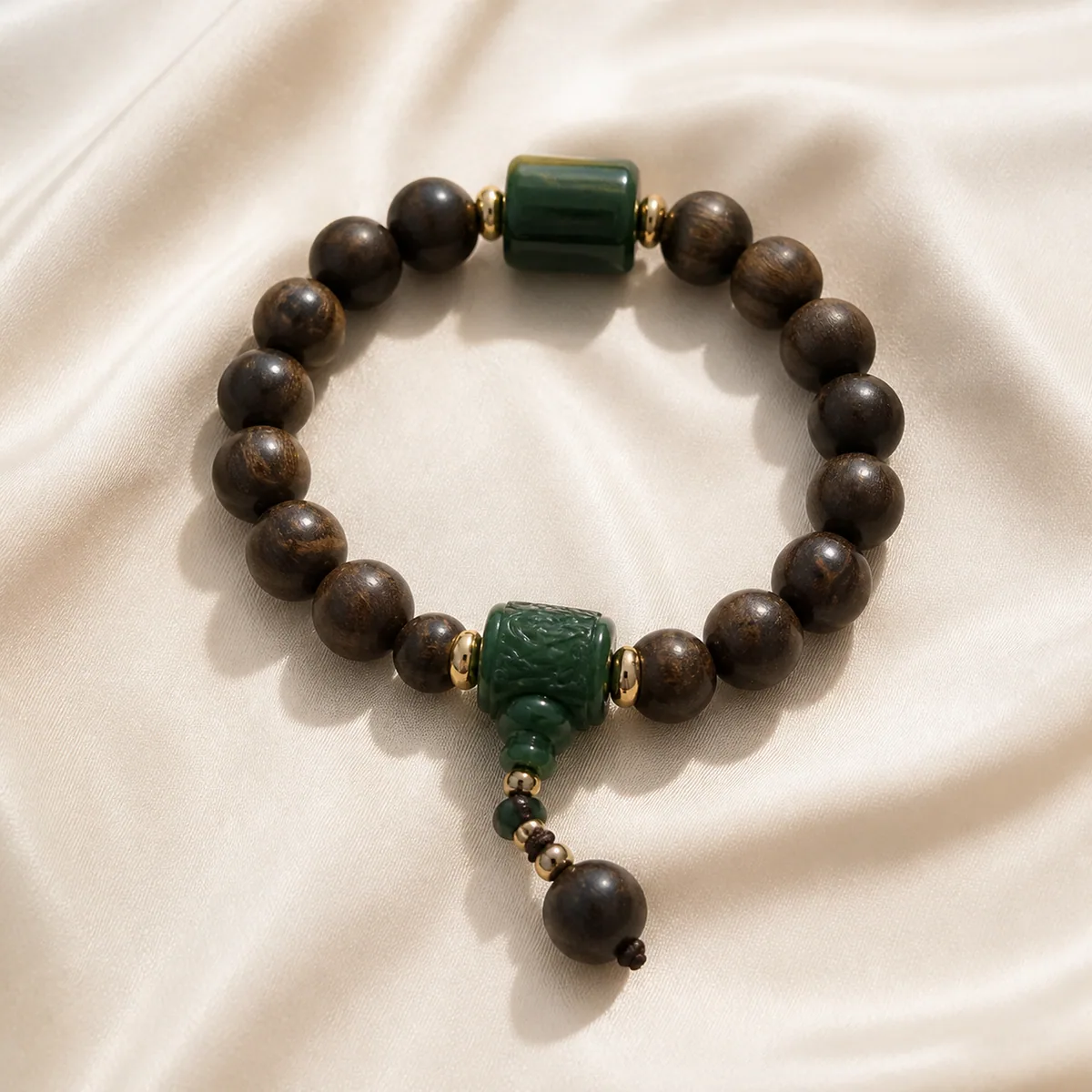Agarwood with nephrite jade beads, Hetian jade