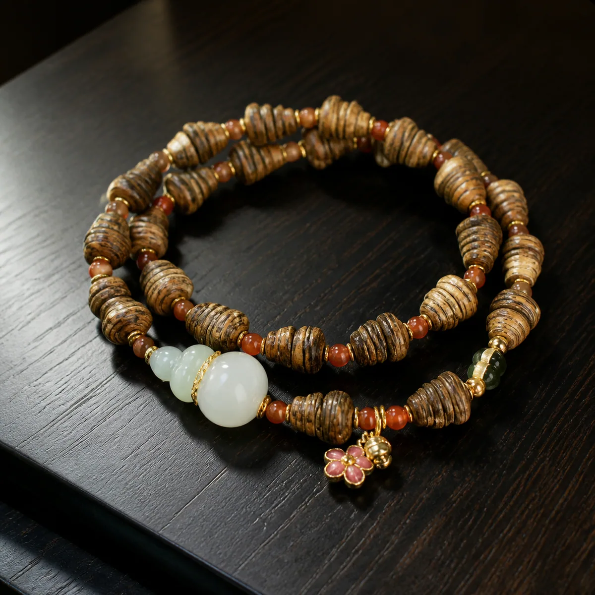 Agarwood, Hetian Jade & Nanhong Agate Gourd Multi-Wrap Bracelet
