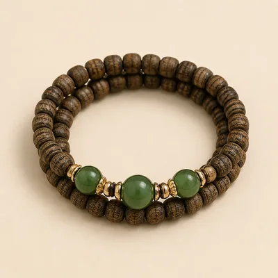 Agarwood & Jadeite Double-Wrap Bracelet I
