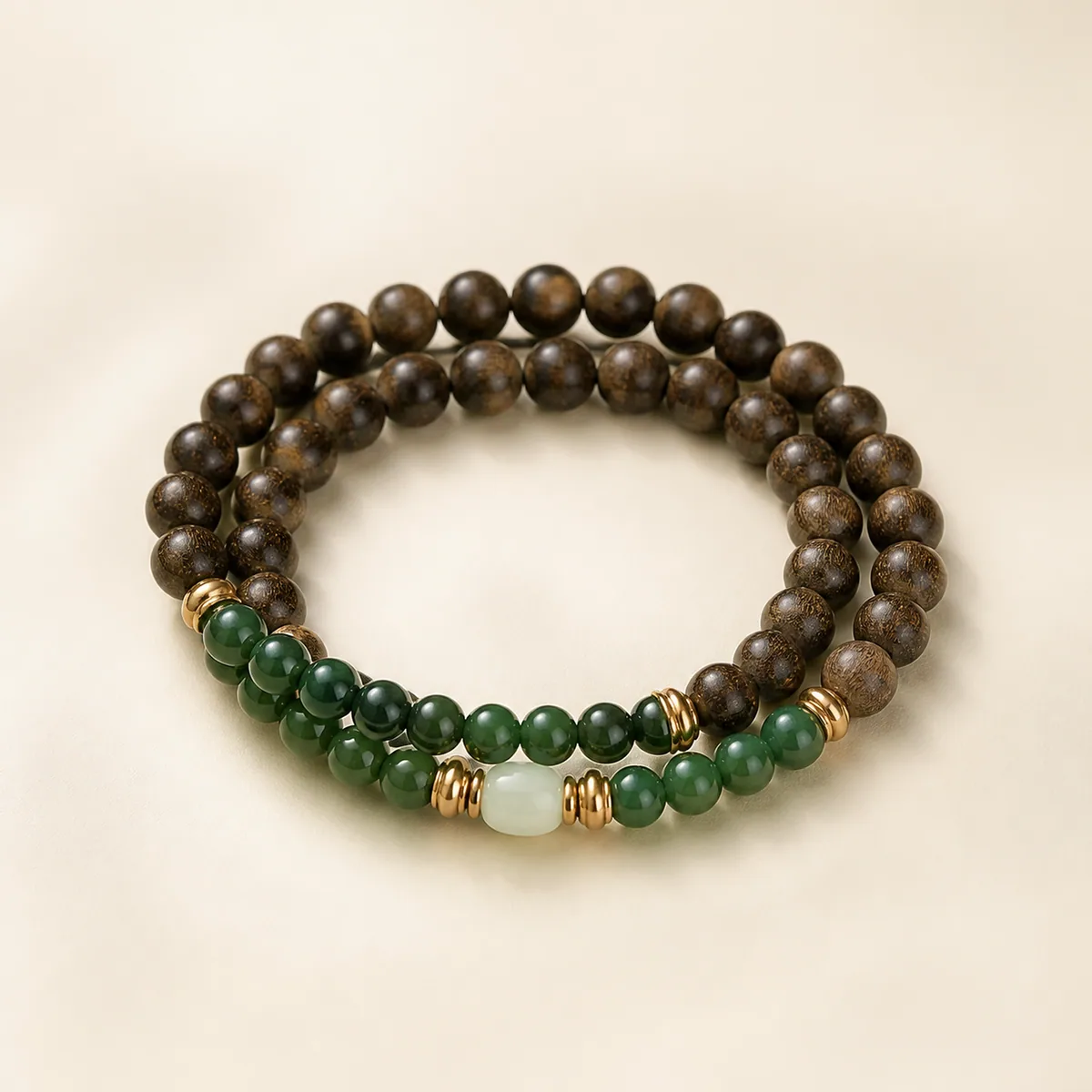 Agarwood, Jadeite & Hetian Jade Double-Wrap Bracelet