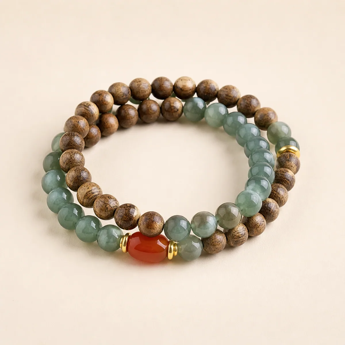 Agarwood, Jadeite & Nanhong Agate Double-Wrap Bracelet