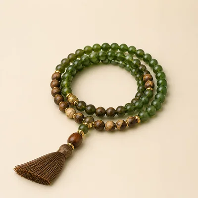 Pale Agarwood & Hetian Jade Multi-Wrap Bracelet