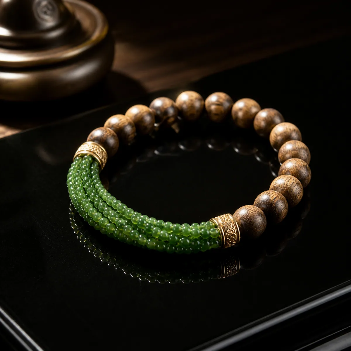 Pale agarwood and jadeite bracelet