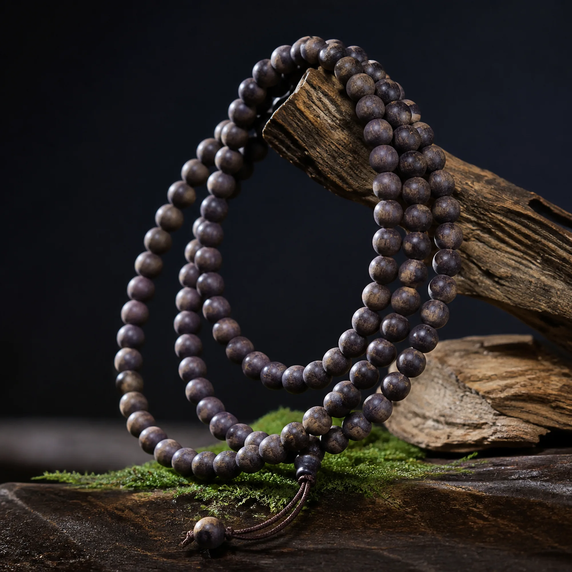 Agarwood mala bracelet on dark wood